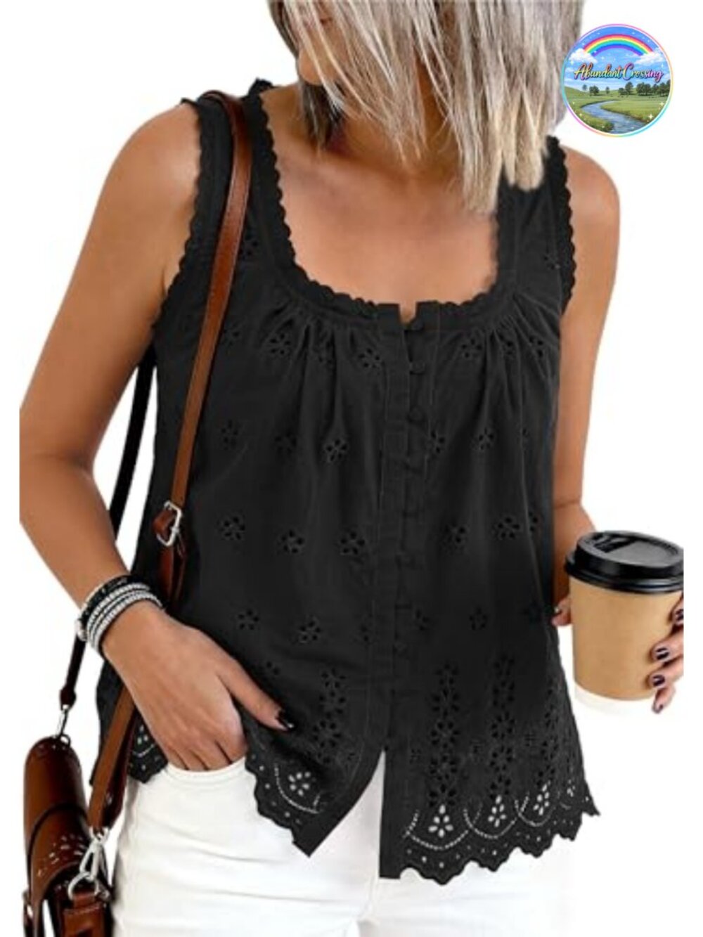 Lace Eyelet Embroidery Tank Top Button Down Sleeveless Blouse